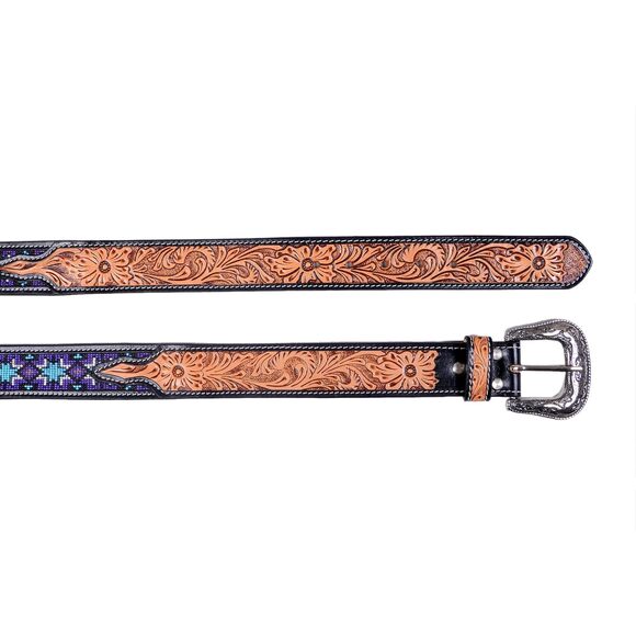 1187 Western Tooled Leather Beaded Belt For Men And Women main image 6